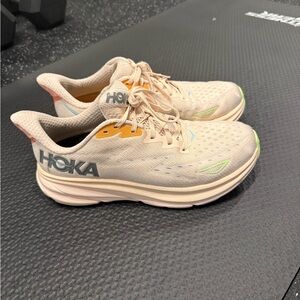 Hoka Clifton 9 Light Pink and Orange Athletic Shoes